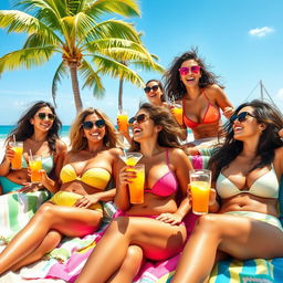 A group of busty women enjoying a sunny beach day, lounging on colorful towels with tropical drinks in hand