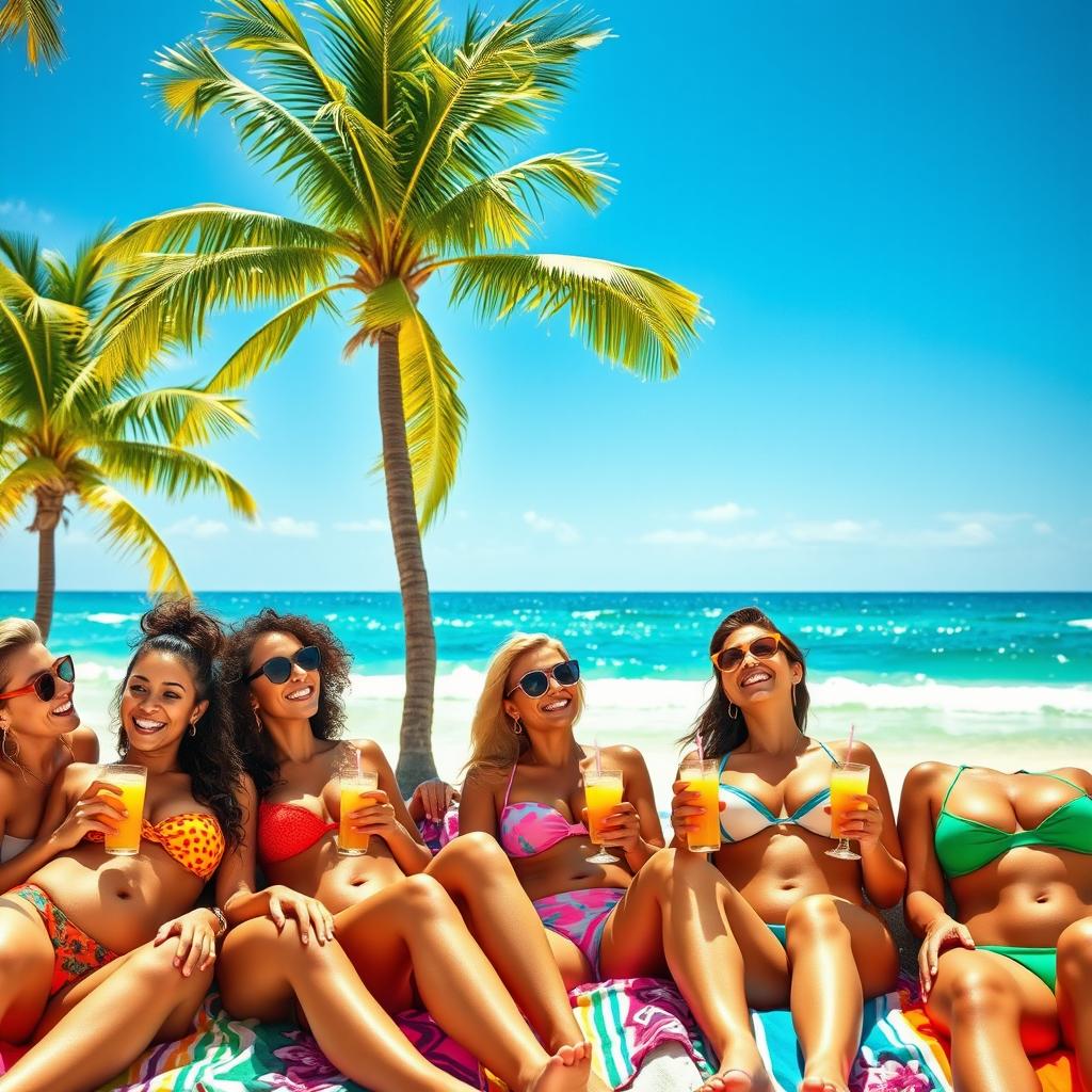 A group of busty women enjoying a sunny beach day, lounging on colorful towels with tropical drinks in hand