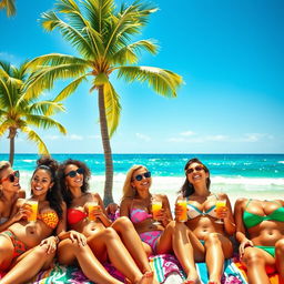 A group of busty women enjoying a sunny beach day, lounging on colorful towels with tropical drinks in hand