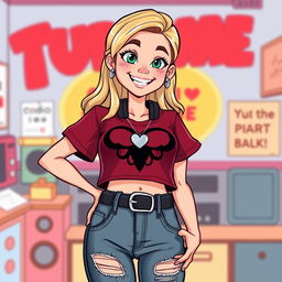 A cheerful cartoon depiction of a pretty blonde girl in her early 20s