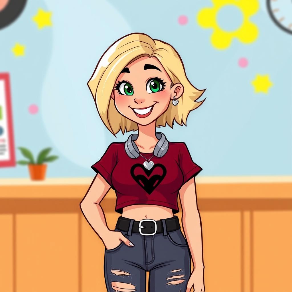 A cheerful cartoon depiction of a pretty blonde girl in her early 20s