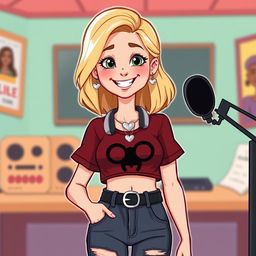 A cheerful cartoon depiction of a pretty blonde girl in her early 20s