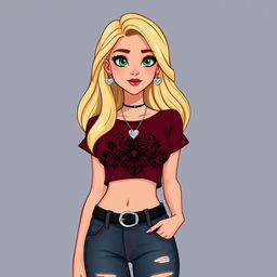 A cartoon depiction of a pretty young woman in her early 20s, featuring long blonde hair and striking green eyes