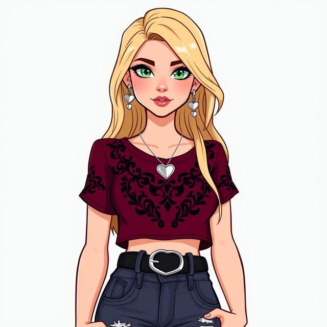 A cartoon depiction of a pretty young woman in her early 20s, featuring long blonde hair and striking green eyes