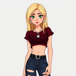 A cartoon depiction of a pretty young woman in her early 20s, featuring long blonde hair and striking green eyes