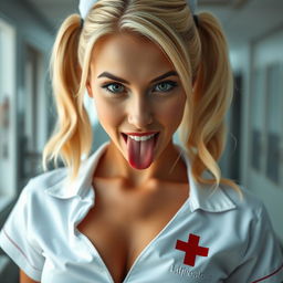 Close-up shot of a gorgeous female nurse, featuring striking blonde pigtails, wearing a white nurse uniform adorned with a red cross, partially unzipped to reveal her large chest and cleavage