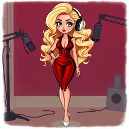 A cartoon depiction of a pretty blonde girl in her early 20s, styled as a true crime podcaster