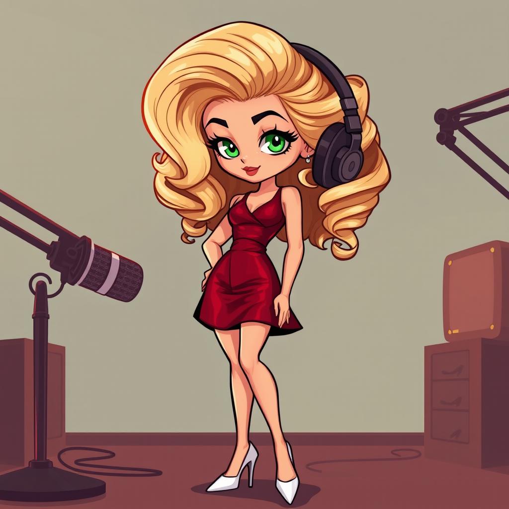 A cartoon depiction of a pretty blonde girl in her early 20s, styled as a true crime podcaster