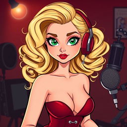 A cartoon depiction of a pretty blonde girl in her early 20s, styled as a true crime podcaster