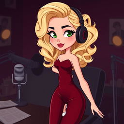 A cartoon depiction of a pretty blonde girl in her early 20s, styled as a true crime podcaster