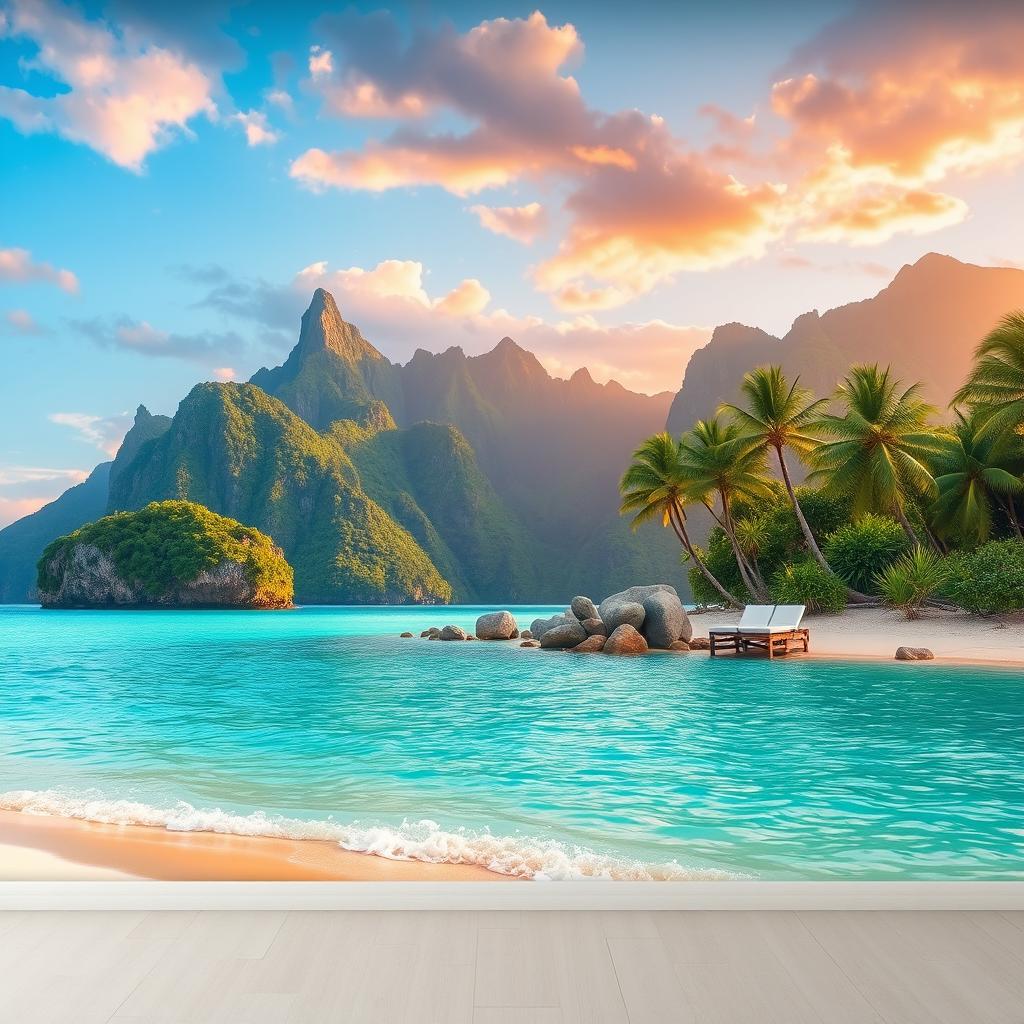 A stunning vinyl mural featuring a breathtaking landscape of tropical paradise islands