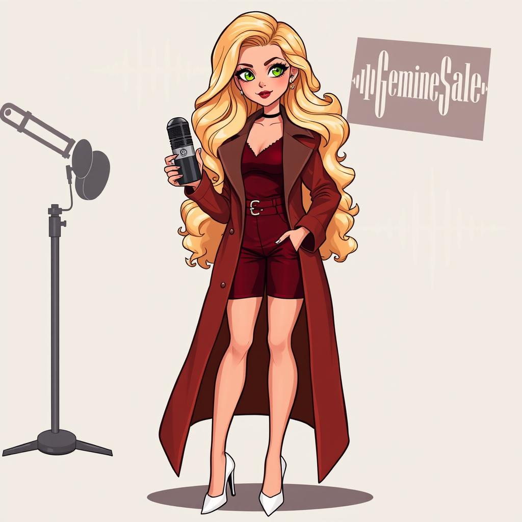 A cartoon depiction of a pretty blonde girl in her early 20s, featuring long stylish coat over a dark red femme fatale outfit and white heels