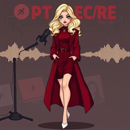 A cartoon depiction of a pretty blonde girl in her early 20s, featuring long stylish coat over a dark red femme fatale outfit and white heels