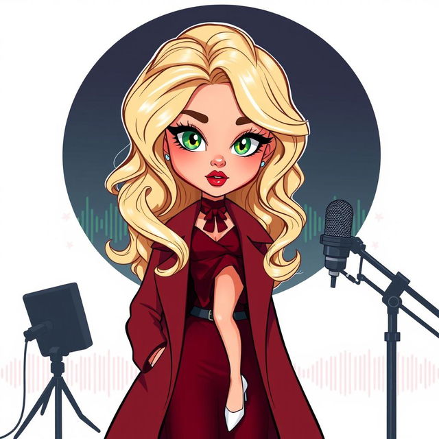 A cartoon depiction of a pretty blonde girl in her early 20s, featuring long stylish coat over a dark red femme fatale outfit and white heels