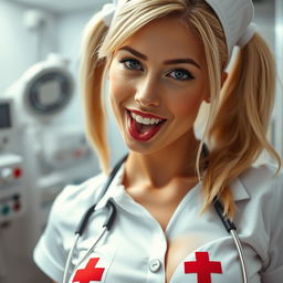 A close-up shot of a gorgeous female nurse in a hospital room, featuring blonde pigtails and a white nurse uniform with a red cross, slightly unzipped to reveal a large chest and ample cleavage