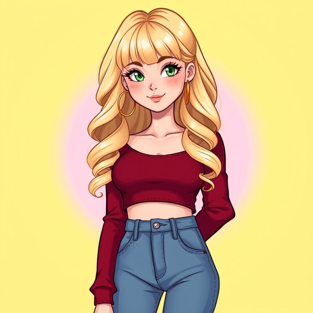 A cartoon depiction of a pretty blonde girl in her early 20s, wearing a dark red long-sleeved crop shirt that accentuates her figure, with stylish bangs framing her face