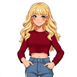 A cartoon depiction of a pretty blonde girl in her early 20s, wearing a dark red long-sleeved crop shirt that accentuates her figure, with stylish bangs framing her face