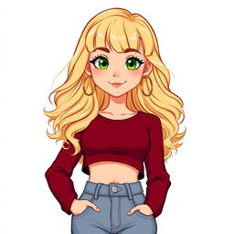 A cartoon depiction of a pretty blonde girl in her early 20s, wearing a dark red long-sleeved crop shirt that accentuates her figure, with stylish bangs framing her face