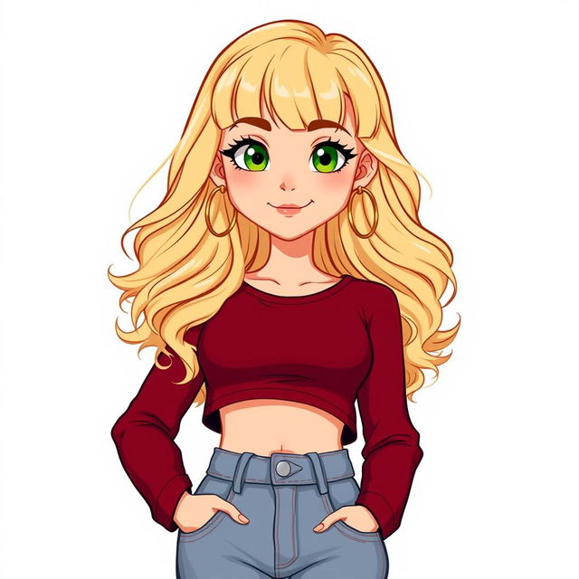 A cartoon depiction of a pretty blonde girl in her early 20s, wearing a dark red long-sleeved crop shirt that accentuates her figure, with stylish bangs framing her face