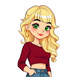 A cartoon depiction of a pretty blonde girl in her early 20s, wearing a dark red long-sleeved crop shirt that accentuates her figure, with stylish bangs framing her face