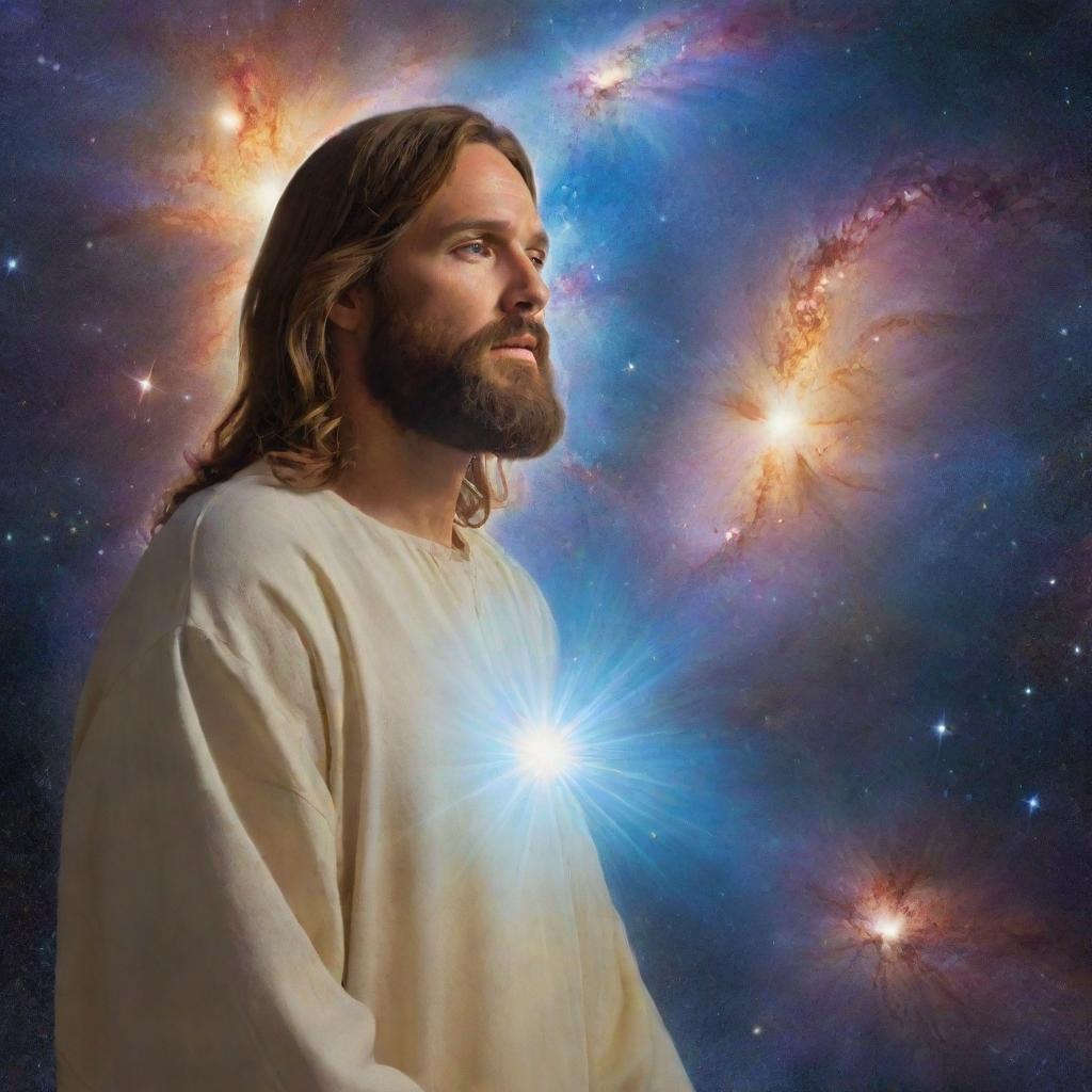 In the vast canvas of the galaxy, the explorer encounters a serene spiritual figure - representation of Jesus, glowing with divine light, adding a mystic and spiritual dimension to his galactic exploration.