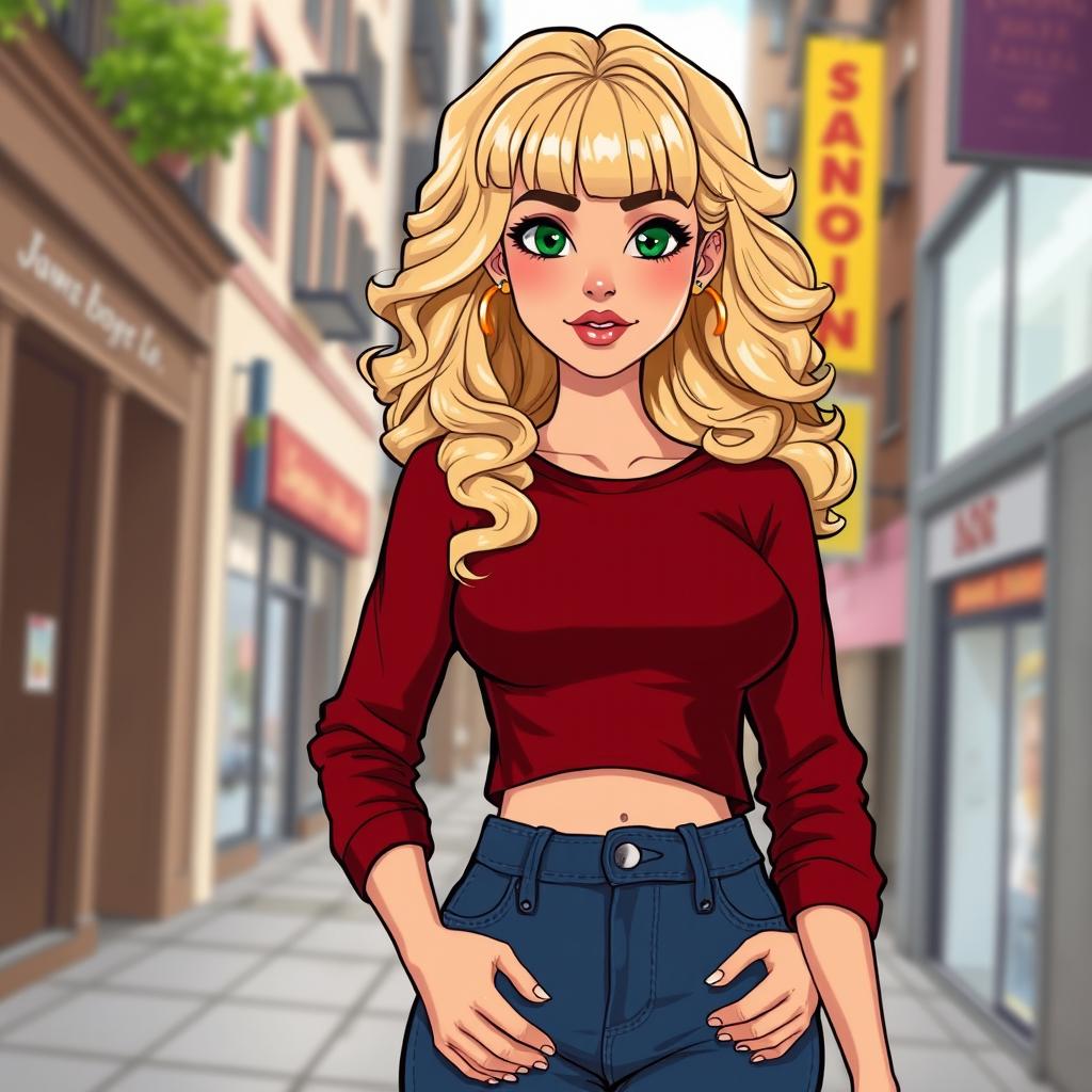 A cartoon depiction of a pretty blonde girl in her early 20s, wearing a dark red long-sleeved crop shirt that accentuates her curves