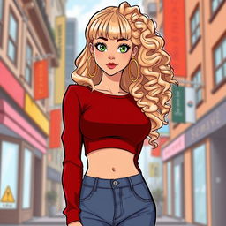 A cartoon depiction of a pretty blonde girl in her early 20s, wearing a dark red long-sleeved crop shirt that accentuates her curves