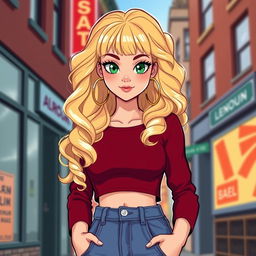 A cartoon depiction of a pretty blonde girl in her early 20s, wearing a dark red long-sleeved crop shirt that accentuates her curves