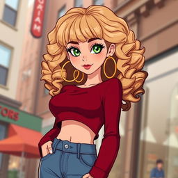 A cartoon depiction of a pretty blonde girl in her early 20s, wearing a dark red long-sleeved crop shirt that accentuates her curves