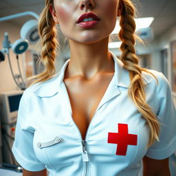 A close-up shot focusing on the chest and torso of a gorgeous female nurse with blonde pigtails, wearing a white nurse uniform that features a red cross