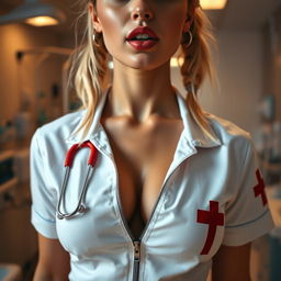 A close-up shot focusing on the chest and torso of a gorgeous female nurse with blonde pigtails, wearing a white nurse uniform that features a red cross