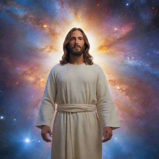 In the vast canvas of the galaxy, the explorer encounters a serene spiritual figure - representation of Jesus, glowing with divine light, adding a mystic and spiritual dimension to his galactic exploration.