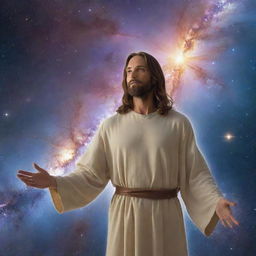 In the vast canvas of the galaxy, the explorer encounters a serene spiritual figure - representation of Jesus, glowing with divine light, adding a mystic and spiritual dimension to his galactic exploration.