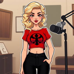 A cartoon depiction of a pretty blonde girl in her early 20s