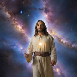 In the vast canvas of the galaxy, the explorer encounters a serene spiritual figure - representation of Jesus, glowing with divine light, adding a mystic and spiritual dimension to his galactic exploration.