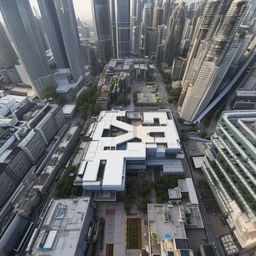 A daytime aerial view of a SWAT premises located in the heart of a bustling central business district, awash with the activity of the surrounding skyscrapers and busy streets.