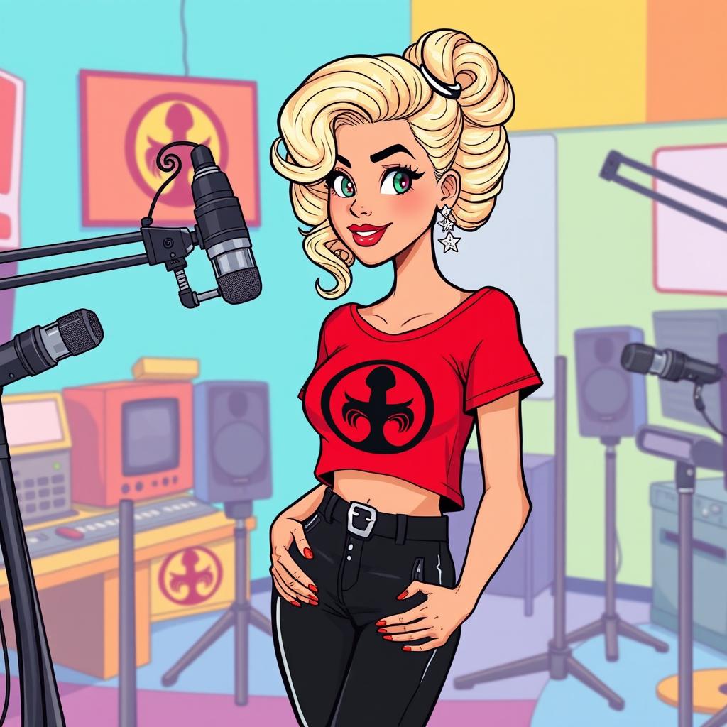 A vibrant cartoon illustration of a pretty blonde girl in her early 20s, wearing a bright red short-sleeved crop top with a bold black symbol printed on the shirt, paired with stylish black pants