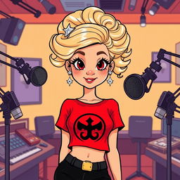 A vibrant cartoon illustration of a pretty blonde girl in her early 20s, wearing a bright red short-sleeved crop top with a bold black symbol printed on the shirt, paired with stylish black pants