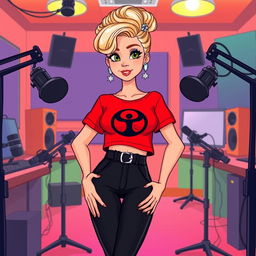 A vibrant cartoon illustration of a pretty blonde girl in her early 20s, wearing a bright red short-sleeved crop top with a bold black symbol printed on the shirt, paired with stylish black pants