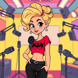 A vibrant cartoon illustration of a pretty blonde girl in her early 20s, wearing a bright red short-sleeved crop top with a bold black symbol printed on the shirt, paired with stylish black pants