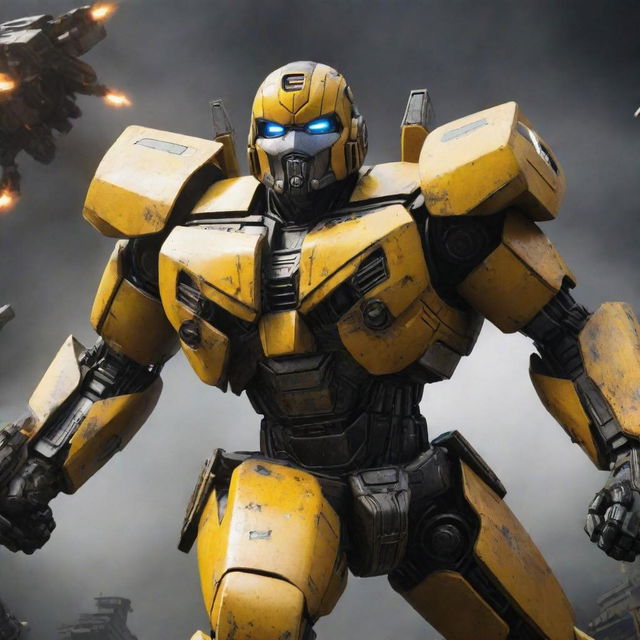 Illustrate a dramatic scene where Bumblebee, a bright yellow Autobot, is being initiated into the ranks of the menacing Terroncons, amidst a backdrop of interstellar warfare.