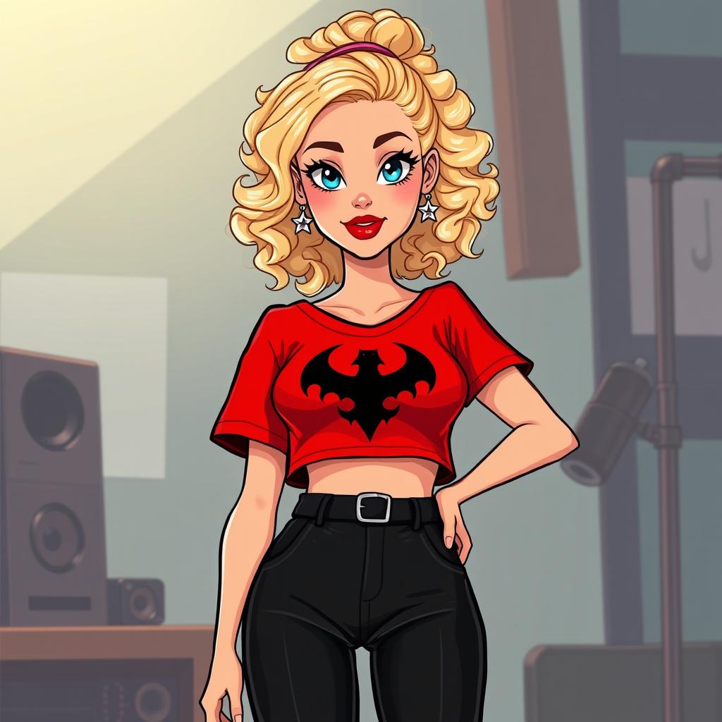 A cartoon depiction of a pretty blonde girl in her early 20s, wearing a vibrant red short-sleeved crop top with a striking black symbol on the front, paired with stylish black pants