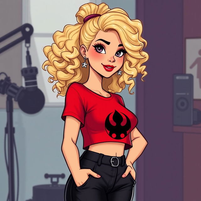 A cartoon depiction of a pretty blonde girl in her early 20s, wearing a vibrant red short-sleeved crop top with a striking black symbol on the front, paired with stylish black pants