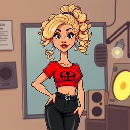 A cartoon depiction of a pretty blonde girl in her early 20s, wearing a vibrant red short-sleeved crop top with a striking black symbol on the front, paired with stylish black pants