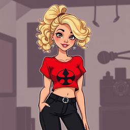 A cartoon depiction of a pretty blonde girl in her early 20s, wearing a vibrant red short-sleeved crop top with a striking black symbol on the front, paired with stylish black pants