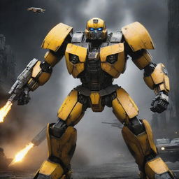 Illustrate a dramatic scene where Bumblebee, a bright yellow Autobot, is being initiated into the ranks of the menacing Terroncons, amidst a backdrop of interstellar warfare.