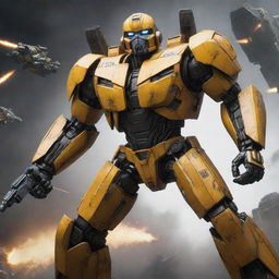 Illustrate a dramatic scene where Bumblebee, a bright yellow Autobot, is being initiated into the ranks of the menacing Terroncons, amidst a backdrop of interstellar warfare.