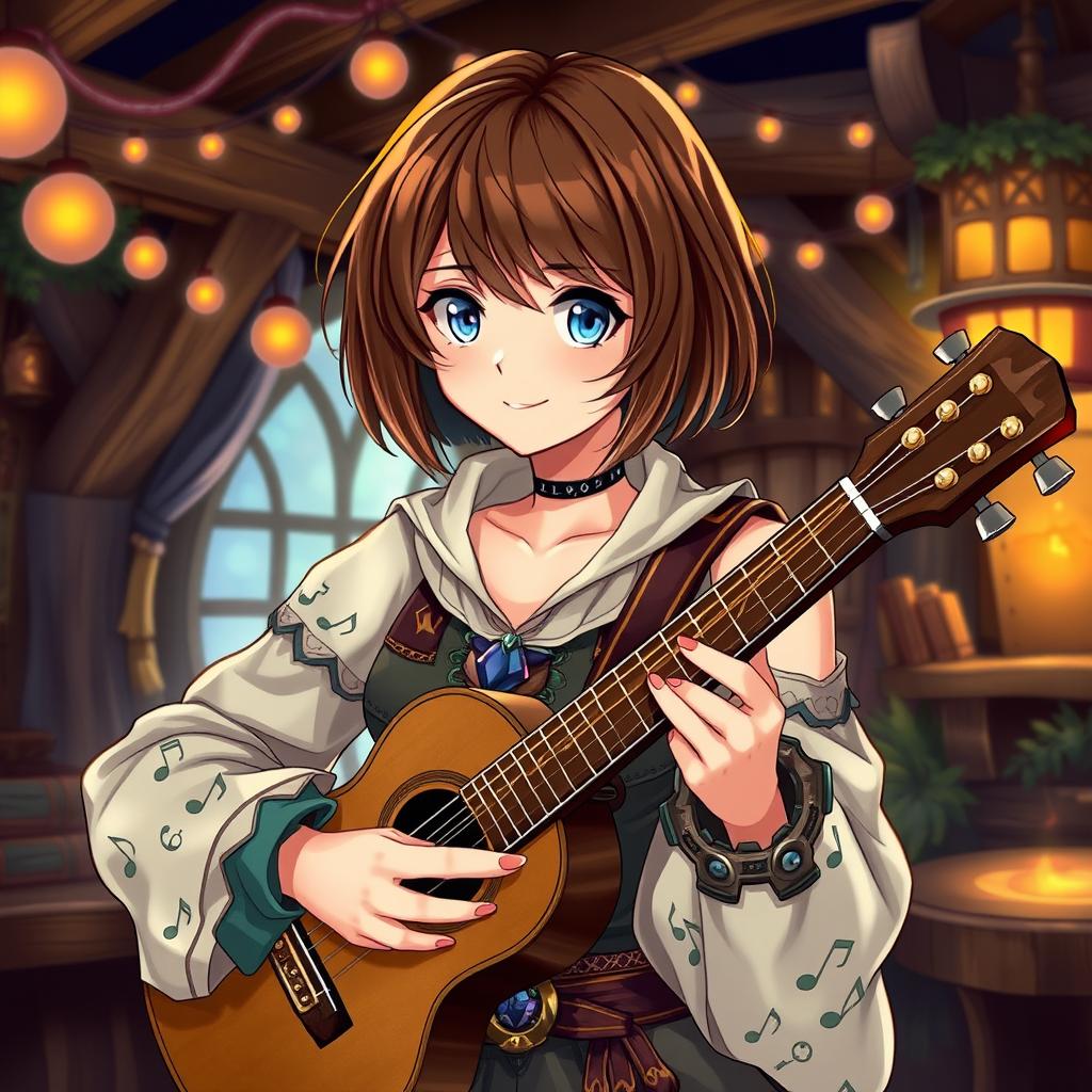 A beautiful female bard character with a short brown bob haircut and striking blue eyes, strumming a guitar in a fantasy-themed setting