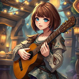 A beautiful female bard character with a short brown bob haircut and striking blue eyes, strumming a guitar in a fantasy-themed setting