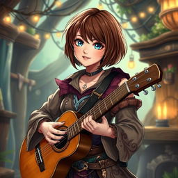 A beautiful female bard character with a short brown bob haircut and striking blue eyes, strumming a guitar in a fantasy-themed setting